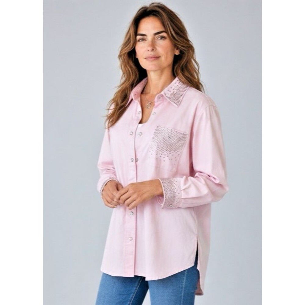 Quaker Factory NEW womens collared button up beaded rhinestone pale pink shirt L